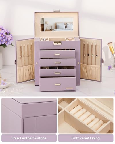 Homde Large Jewelry Box for Women: 5-Layer Organizer with Lock for Dresser - color: Grey Purple + Gold
