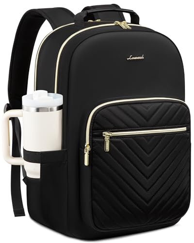 LOVEVOOK Laptop Backpack for Women,Quilted Work Travel College Laptop Bag | Professional Nurse Teacher Backpack Purse,Padded Laptop Compartment,Waterproof Backpack for Traveling on Airplane,Great Gifts - color: Black, size: 17.3 inch with Tumbler Holder
