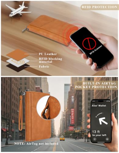가족 여권 홀더 지갑 RFID 여행 문서 정리함, 여성용 남성용, 카드용 휴대용 케이스 커버, 손목 및 목 스트랩이 있는 탑승권, 에어태그 포켓, 여행 필수품 선물, 살구., 클래식 - color: 살구.