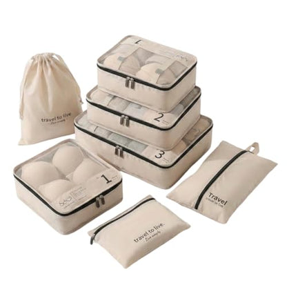 7 Set Packing Cubes for Travel, Compression Luggage Organizer Bags for Suitcase Mesh Travel Essentials with Shoe Bag, Drawstring Bag & Clothing Organizer for Carry On, Beige
