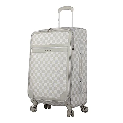 Steve Madden Designer Luggage Collection - Lightweight 24 Inch Expandable Softside Suitcase - Mid-size Rolling 4-Spinner Wheels Checked Bag (Chalet Light Grey, 24in) - color: Chalet Light Grey, size: 24 Inches