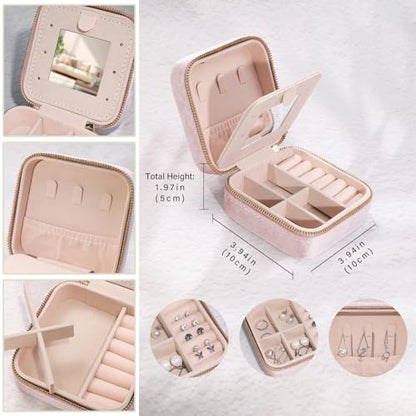 Plush Velvet Travel Jewelry Case Organizer - color: Pink