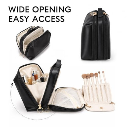 GIVLEFLY Travel Makeup Bag for Women, Organizer with Detachable Brush Case - color: Black