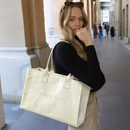 KALIDI PVC Tote Bag Women’s Kraft Paper Work Handbags Purses with Top Handle - color: Beige