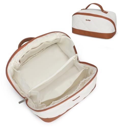 Hynes Eagle Travel Makeup Bag for Women Puffy Cosmetic Organizer Pouch Open Flat Toiletry Bag for Toiletries Brushes Structured Base White - color: White