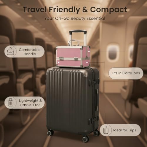 Aluminum Makeup Case with Mirror & Lock, 3‑Tray Cosmetic Organizer, Pink