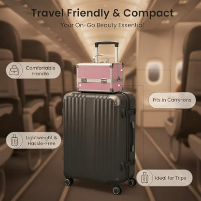 Aluminum Makeup Case with Mirror & Lock, 3‑Tray Cosmetic Organizer, Pink