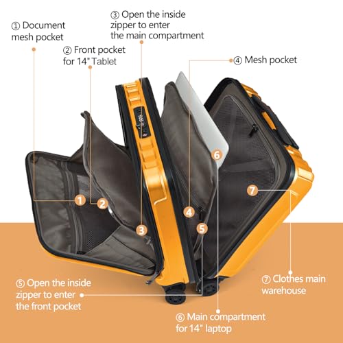 TydeCkare 16" Carry on Luggage with 2 Laptop Compartments Airline Approved | Lightweight Hardshell ABS+PC Suitcase with Dual Control TSA Lock,YKK Zipper,4 Spinner Silent Wheels,Business Travel,Orange - color: Orange