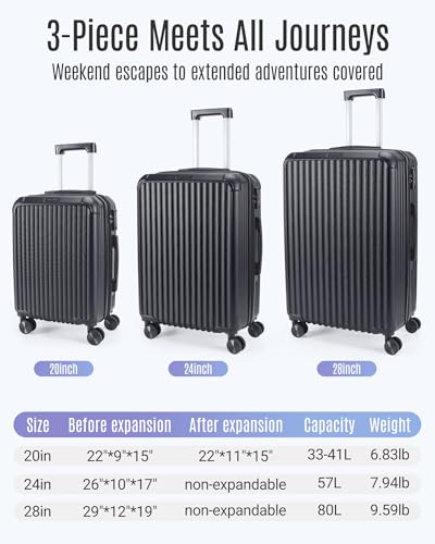 LIGHT FLIGHT 3 Pieces Luggage Sets with Spinner Wheels Hardshell TSA Lock - color: Black