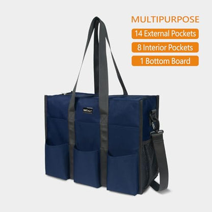 TOPDesign Utility Water Resistant Tote Bag with 22 Pockets, Zipper Closure - color: Blue, size: Large