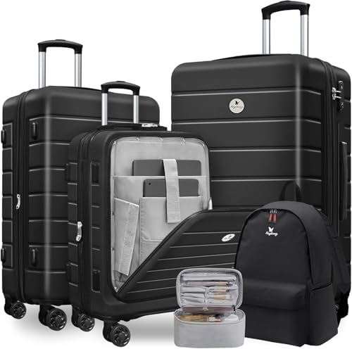 Keytang Classic Lightweight Hardside Expandable Spinner Wheels Luggage Suitcase W/TSA Lock 3-Piece Set with Backpack and Cosmetic Makeup Bag (5 Piece Set,Black) - color: Black, size: 777-5PCS (Front Open)