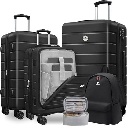 Keytang Classic Lightweight Hardside Expandable Spinner Wheels Luggage Suitcase W/TSA Lock 3-Piece Set with Backpack and Cosmetic Makeup Bag (5 Piece Set,Black) - color: Black, size: 777-5PCS (Front Open)