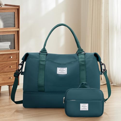Weekender Bags for Women,Travel Duffle Overnight Bag with Shoe Compartment - color: A-Peacock Blue-3Pcs-0022, size: Large