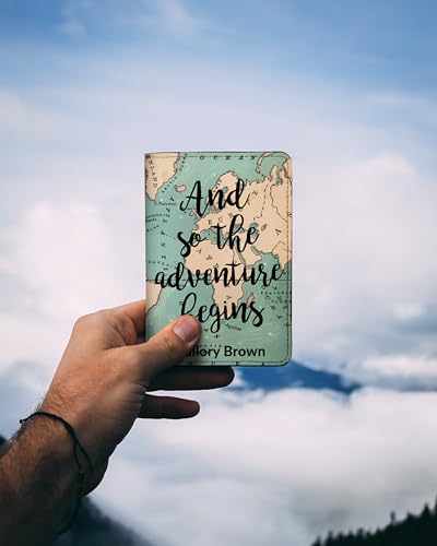 Personalized Passport Holder - Custom Vegan Leather RFID Passport Cover - color: And So The Adventure Begins (Map)