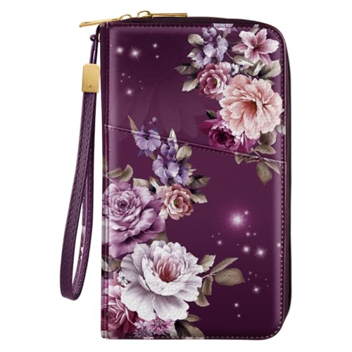 Family Passport Holder Wallet RFID Blocking Document Organizer - color: Purple Flowers