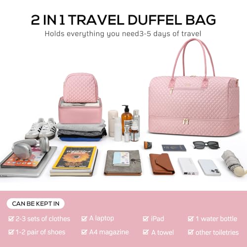 Travel Weekender Carry-on Bags for Women: Duffel Bag with Shoe Compartment - color: 1-Pink, size: 40L-3Pcs Set