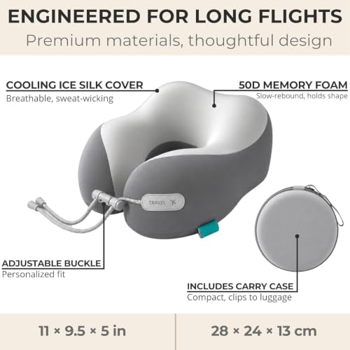 Travel Neck Pillow for Airplane, 50D Memory Foam, Cooling Ice Silk Cover, U-Shape, Adjustable Buckle, Washable Cover with Carry Case (Grey) - color: Grey