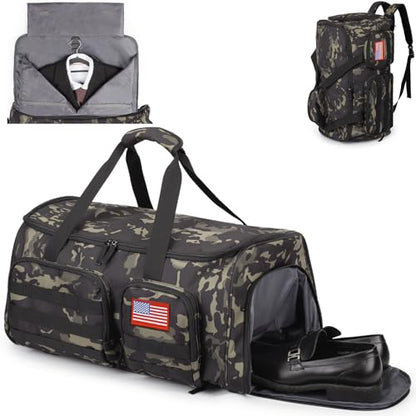 Duffle Bag for Men,55L Convertible Tactical Garment Bag for Business Trips - color: Camo Black