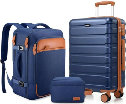 Carry on Luggage, Suitcase Set 3Piece with Backpack YKK zippers - color: Navy Blue