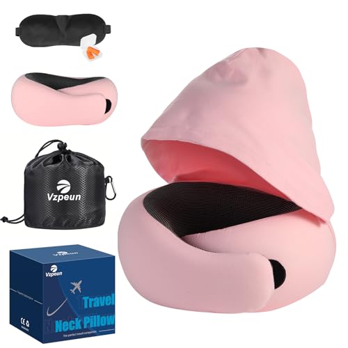 Travel Pillow - Hooded Neck Pillow Airplane Memory Foam Filling - color: Pink