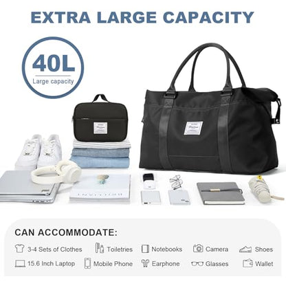 Travel Duffel Bags for Women,Carry-On Weekender Overnight Bag - color: Black, size: Extra Large