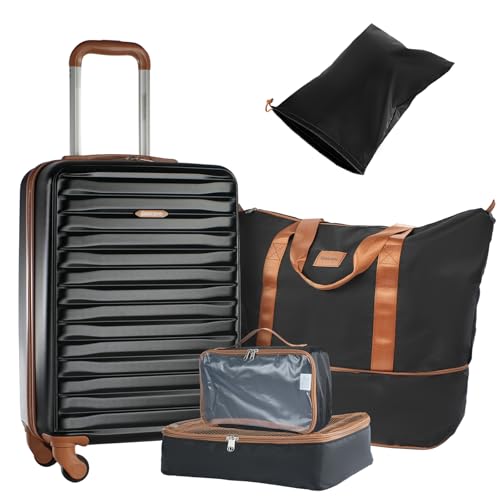3 Piece ABS+PC Luggage Set, Carry On with Spinner & Duffle - color: JET BLACK, size: carry-on set