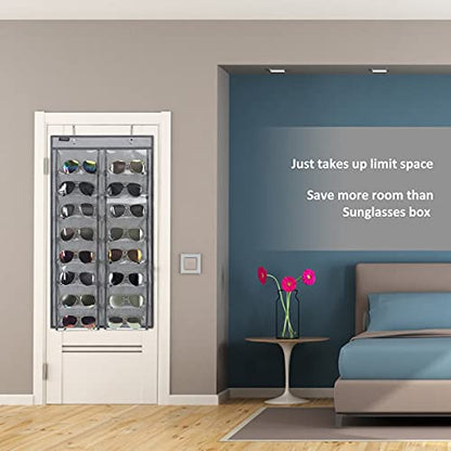 Over the Door Hanging Sunglasses Organizer Storage Sunglass Rack Holder Eyewear Display Case with 16 Clear Dust Proof Pockets (16 Pockets-Grey) - color: 16 Pockets-Grey