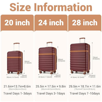 Kono 3-Piece Luggage Set 20/24/28in Expandable Hardside TSA Lock Burgundy - color: Burgundy, size: 3-piece set (20/24/28)