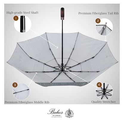 Balios Folding Umbrella Real Wood Handle Auto Open Close - color: Herringbone Classic Black