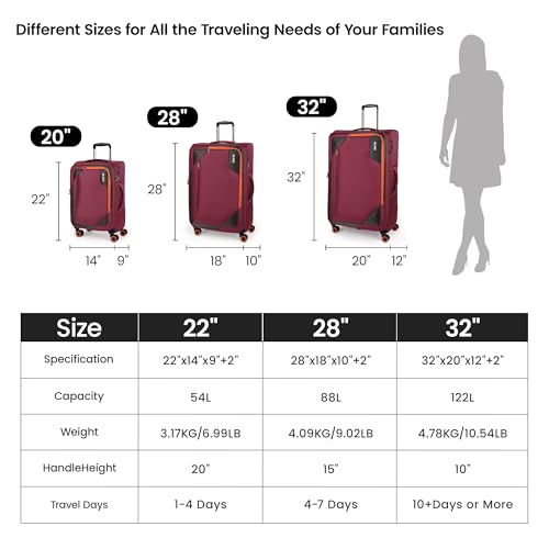 3-Piece Softside Expandable Luggage Set w/Front Open Pocket - color: Burgundy, size: 3-Piece Set (22"/28"/32'')