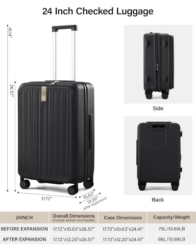 Hanke Top Opening 24" Medium Suitcase Expandable Hard Shell Jet Black - color: Jet Black, size: 24 Inch EXT