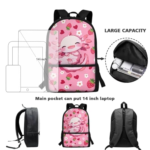 Axolotl Backpack for Girls Kids Bookbag 4-in-1 Set for Elementary & Middle School Pink Strawberry Design Backpack with Lunch Box, Pencil Bag, Water Bottle Sleeve - color: Axolotl Strawberry