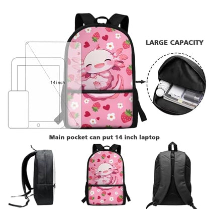 Axolotl Backpack for Girls Kids Bookbag 4-in-1 Set for Elementary & Middle School Pink Strawberry Design Backpack with Lunch Box, Pencil Bag, Water Bottle Sleeve - color: Axolotl Strawberry