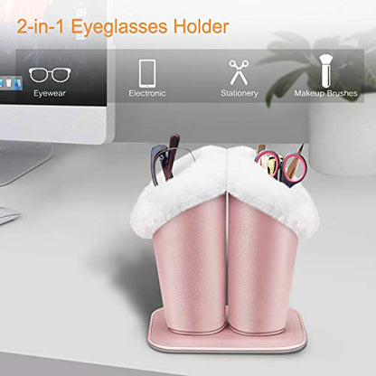 FINTIE Plush Lined Double Eyeglasses Holder with Magnetic Base for Desk - color: Rose Gold