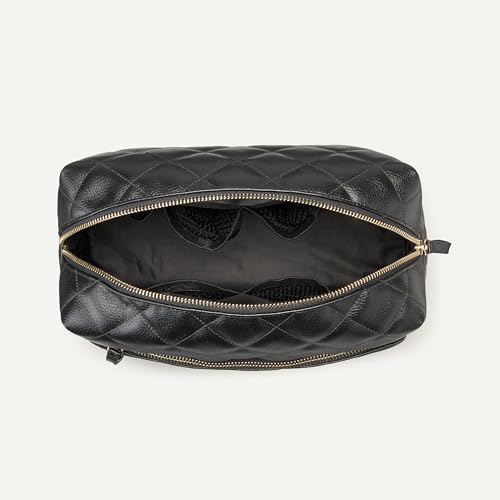 Amazon Essentials Women's Quilted Travel Makeup Bag with Mesh Compartments, Black Faux Leather, One Size - color: Black Faux Leather