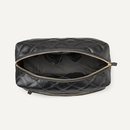 Amazon Essentials Women's Quilted Travel Makeup Bag with Mesh Compartments, Black Faux Leather, One Size - color: Black Faux Leather
