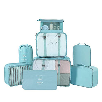 Belsmi 8 Set Packing Cubes with Shoe Bag - Compression Travel Luggage Organizer - color: Style A - Blue