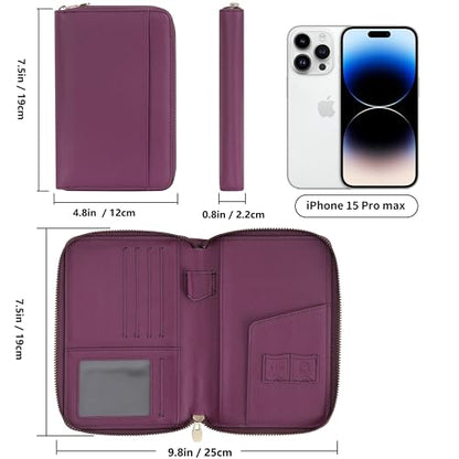 Leather Zipper Passport Wallet Holder Travel Essentials with RFID Blocking - color: Purple