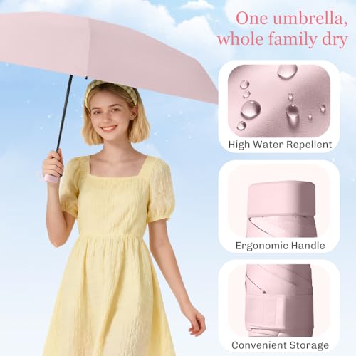 TOPSAIL Mini Umbrella for Travel, UPF 50+ UV Sun & Rain Protection, Compact 6k Folding Pocket Umbrella with Case for Purse, Backpack - color: BlackPink
