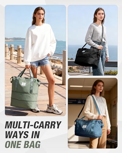 Foldable Travel Bag Expandable Duffle Bag for Women Men, Large Weekend Bags - color: C-Green