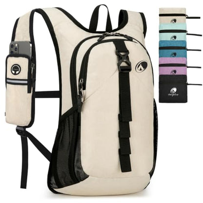 Folding Hiking Backpack with Phone Pocket for Men Women, Small Ultralight Packable Casual Daypack with Shoulder Chest Straps for Travel, 15L Foldable Lightweight Day Pack, Beige - color: Beige