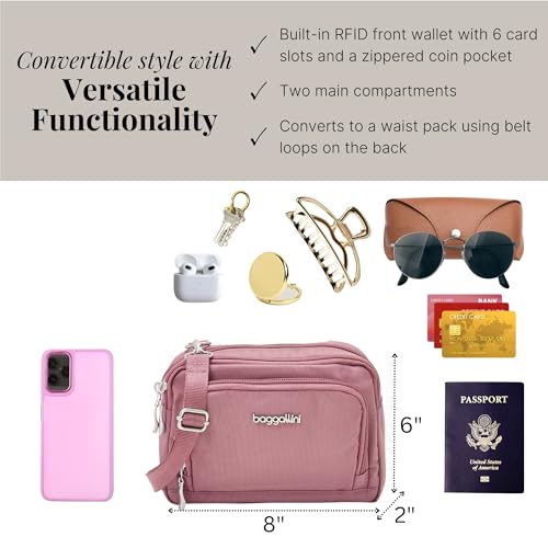 Baggallini Triple Zip with Front Wallet/Trifecta RFID Wallet Crossbody - color: Dusty Mauve