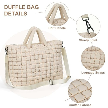 Quilted Duffle Bag for Travel, Large Puffer Duffel Weekender Bags Soft Gym Tote, Big Puffy Carry on Luggage Overnight - color: Beige