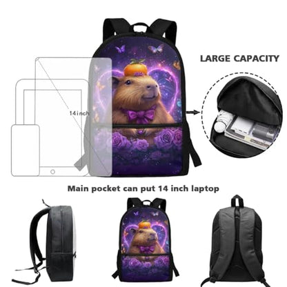Cute Capybara Backpack for Girls with Lunch Box Set Elementary to Middle School Kids 4-in-1 Back to School Set Lightweight Bookbags for Age 6-8 8-10, Purple Rose Heart Design Back Pack - color: Capybara Glowing Heart