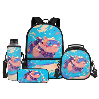 Cute Capybara Backpack for Boys Age 6-8 Elementary School Bookbags 4-in-1 Backpack with Lunch Box Pencil Case Water Bottle Sleeve for Kids Girls Back to School Essential - color: Capybara Dive
