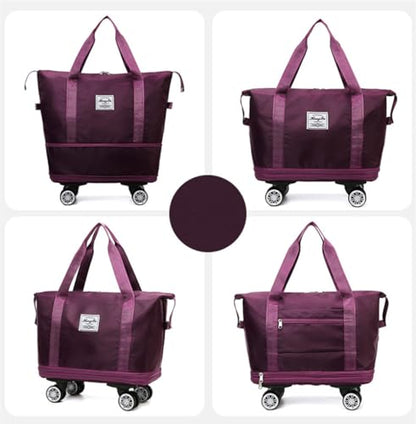 Travel Tote Bag with Trolley Sleeve Expandable Extra Duffel Bag with Wheels Lightweight Traveling Foldable Suitcase - color: Purplish Red