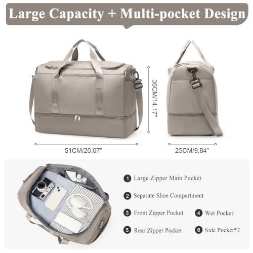 Travel Duffle Bag with Shoes Compartment,Carry-On Weekender Bags for Women - color: Camel, size: Large