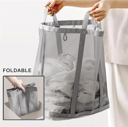 Mesh Bag with Handles, Collapsible Laundry Basket, Foldable Laundry Bag, Breathable Folding Beach Bag,Space-saving Travel Tote Bags (1, Brown) - color: Brown