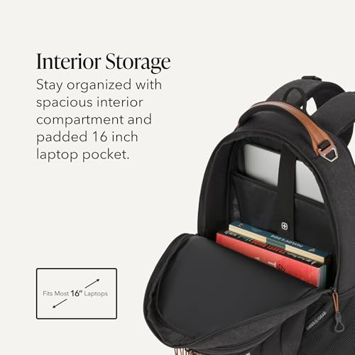 SwissGear Cecil Laptop Backpack, Fits Most 16-Inch Laptops, Three-Compartment Design, Airflow Back Panel, Black, 27.3L, 18-Inch - color: Black Canvas/Brown