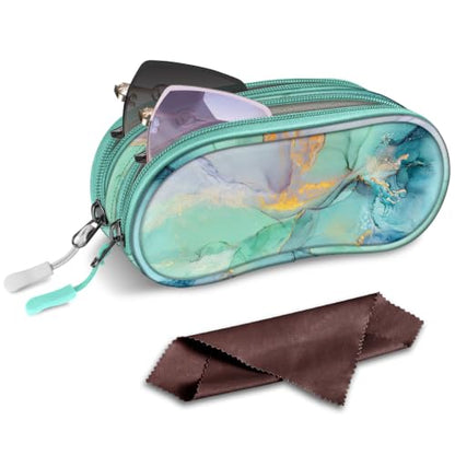 FINTIE Double Sunglasses Case, Soft Portable Eyeglasses Pouch with Clip - color: Emerald Marble